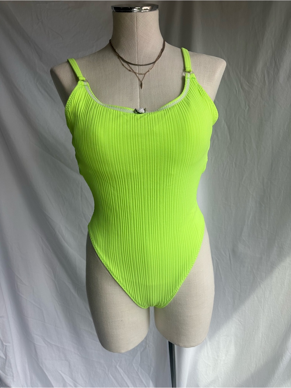 Vintage 90s High Cut Leg Neon Green Ribbed One-Piece Swimsuit — Size Large
